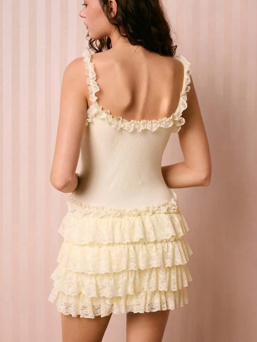 Apricot Sleeveless Ruffle Lace Strappy A-Line Mini Dress