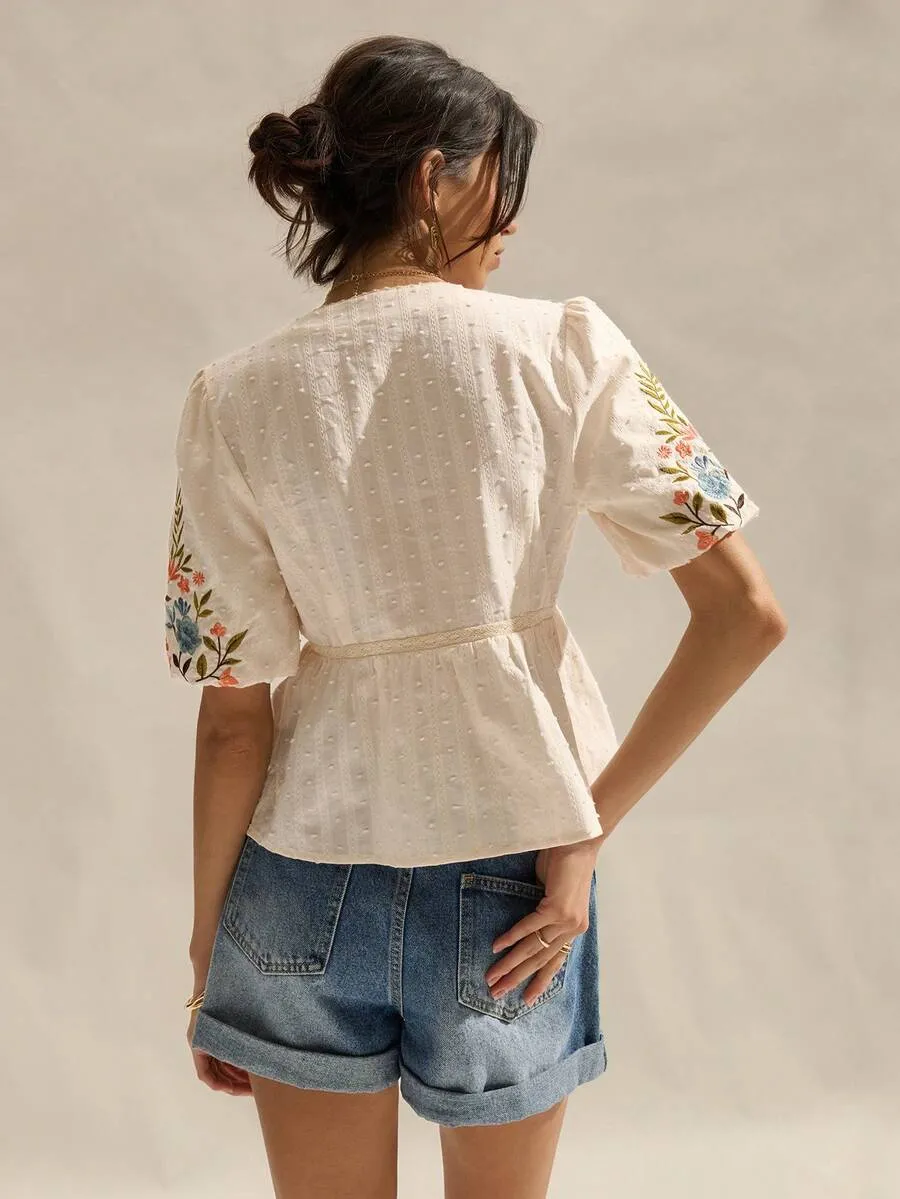 Beige Deep V-Neck Floral Embroidered Puff Sleeve Blouse