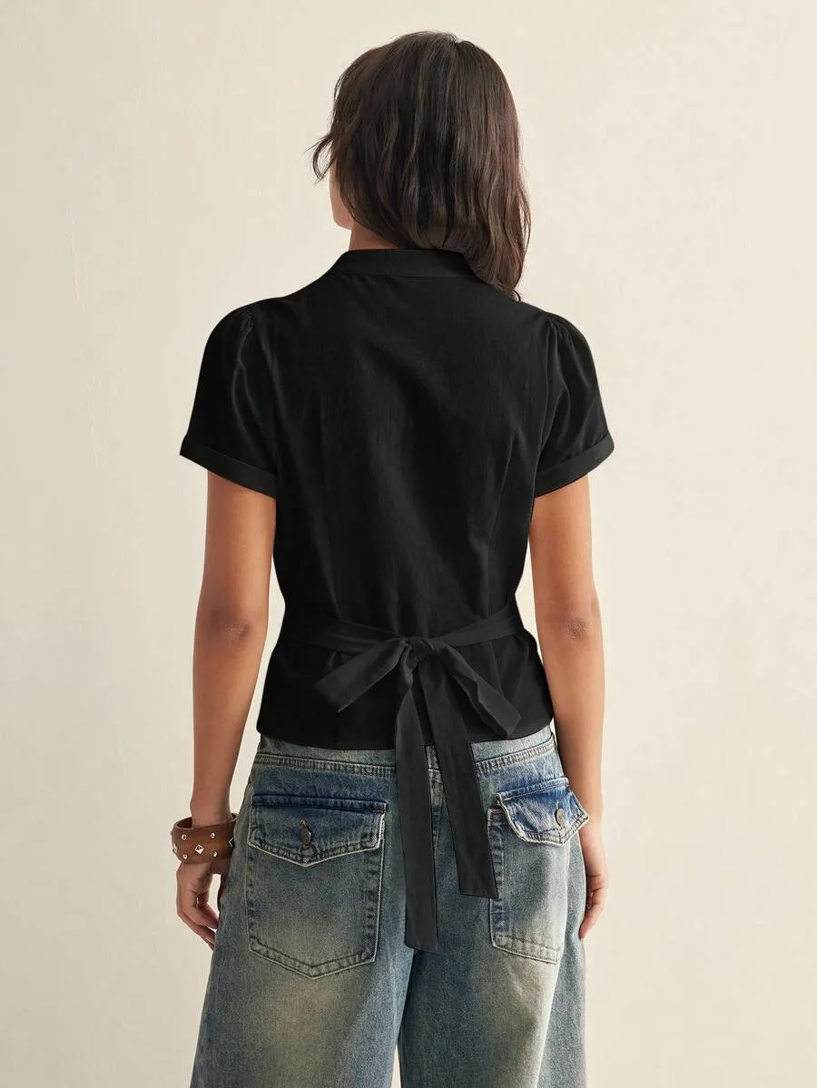 Black Pleated Short Sleeve Button Front Cropped Blouse