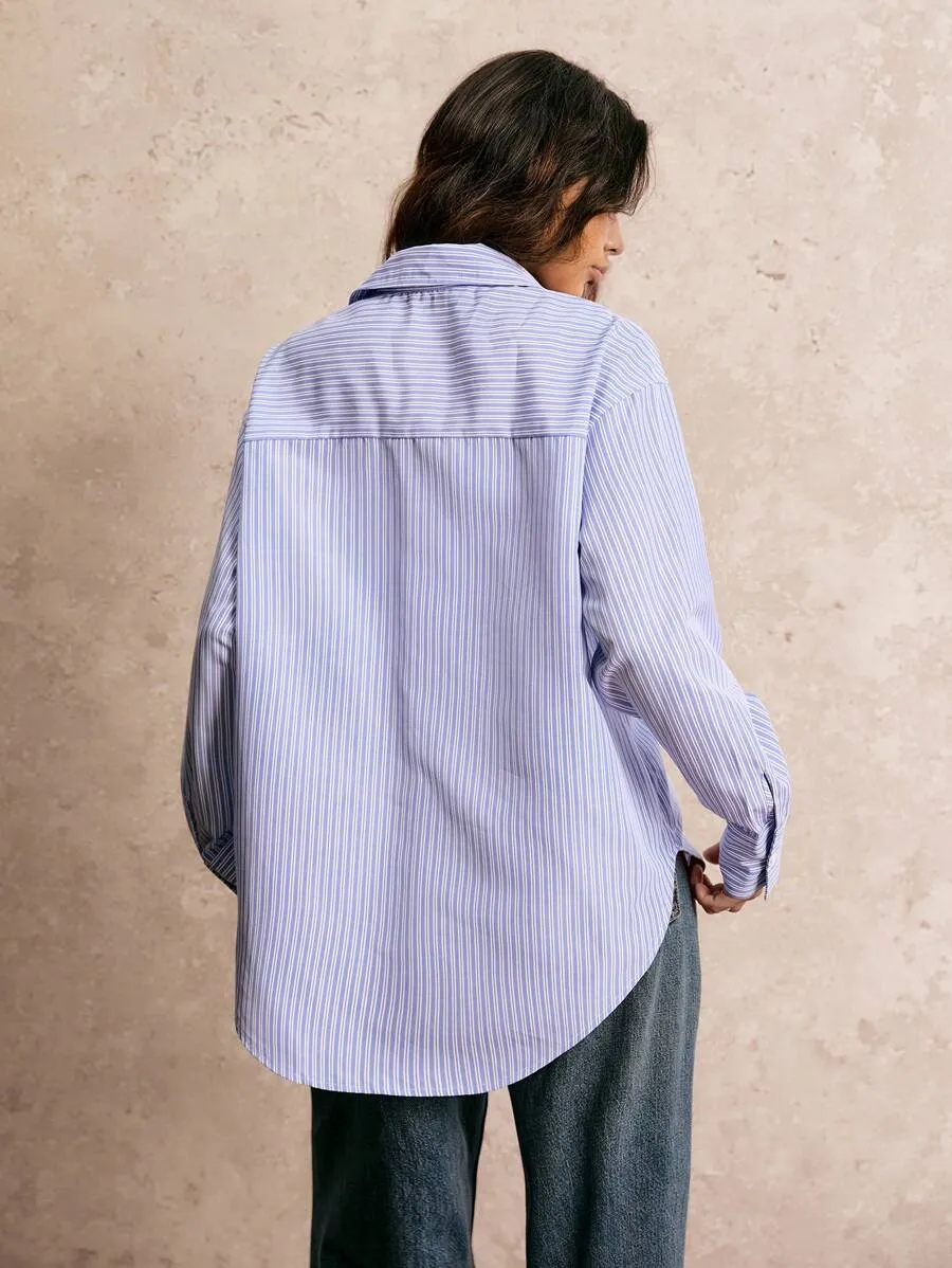 Blue Striped Oversized Long Sleeve Button Front Shirt
