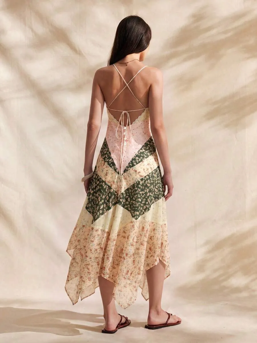 Boho Floral Patchwork Asymmetrical Backless Spaghetti Strap Maxi Dress