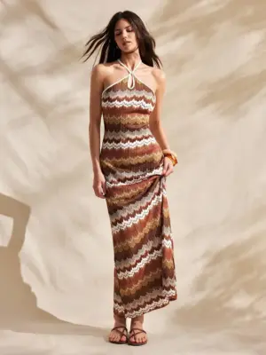 Women's Knitted Halter Neck Brown Striped Resort Dress