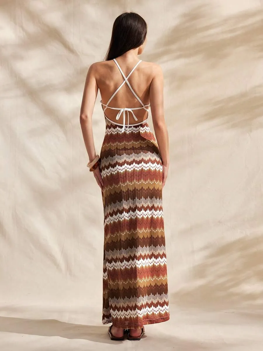 Knitted Dress, Halter Neck Brown Striped Resort Dress