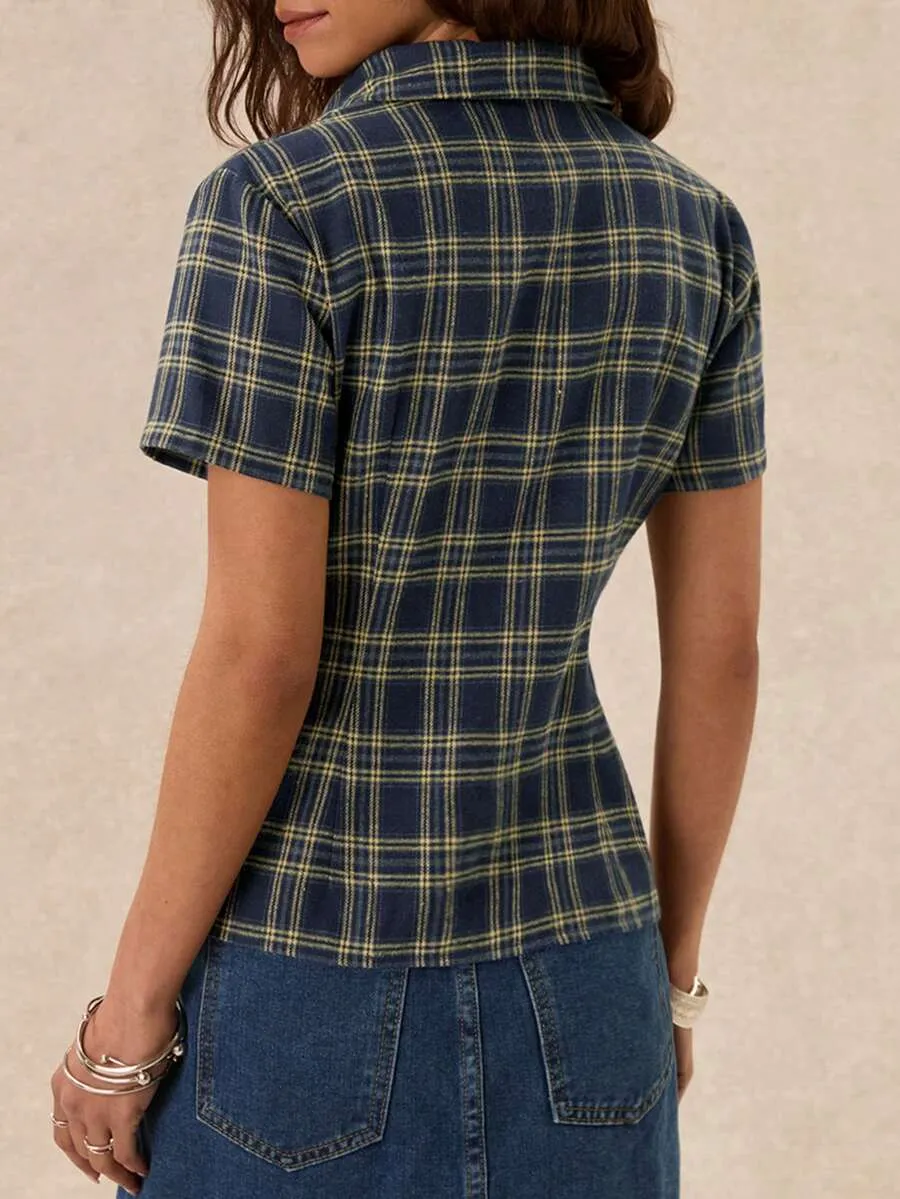 Navy Blue Plaid Short Sleeve Button Front Woven Shirt