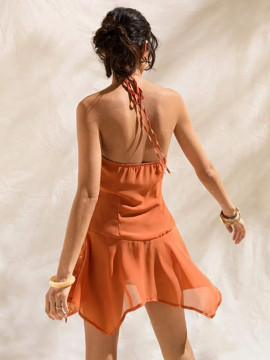 Orange Sequined Embroidered Backless Halter A-Line Mini Dress