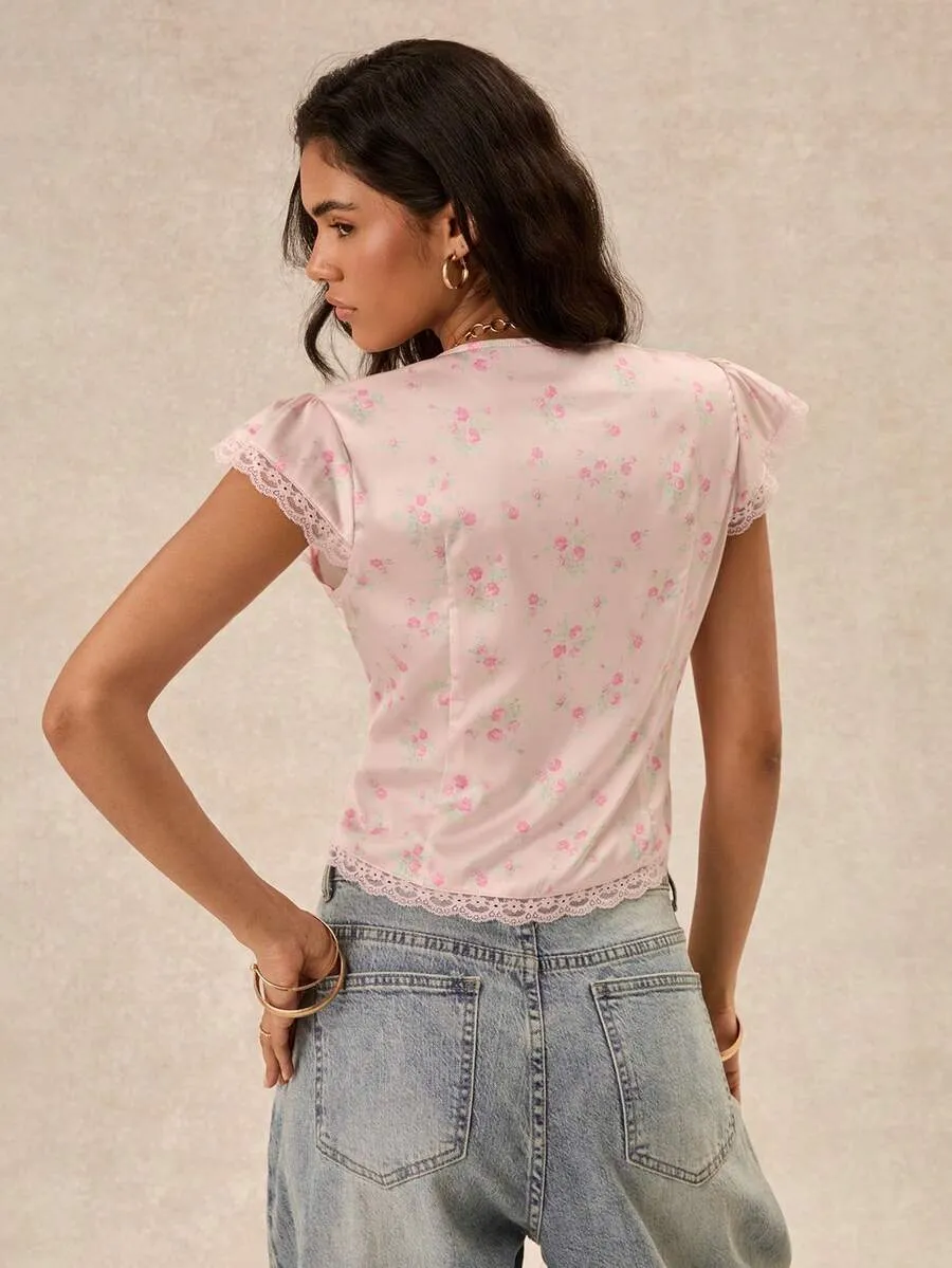 Pink Floral V-Neck Lace Trim Button Front Boho Blouse