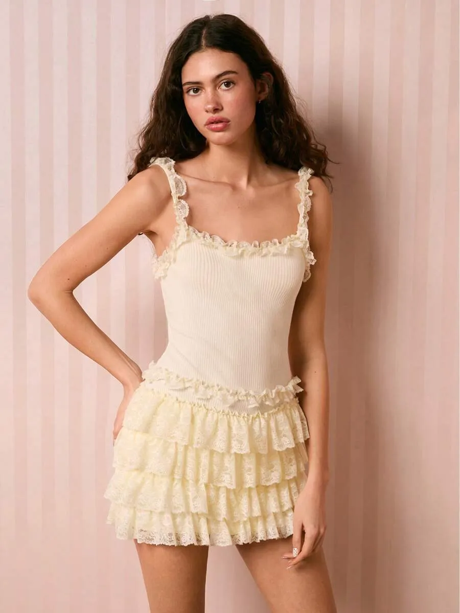 Women Apricot Sleeveless Ruffle Lace Strappy A-Line Mini Dress