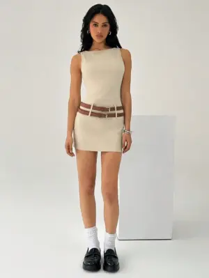 Women's Apricot Slim-Fit Sleeveless Belted Mini Dress