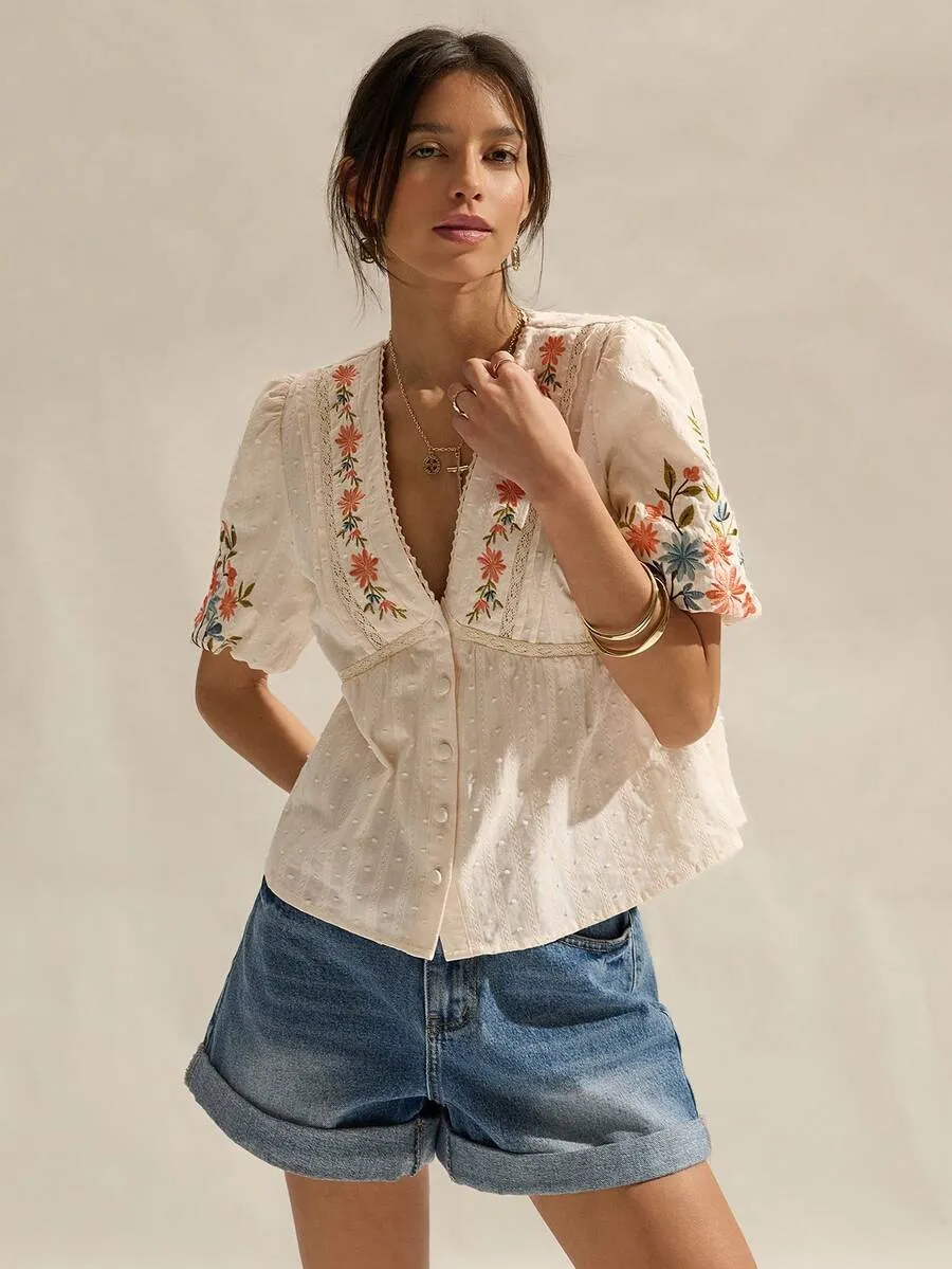Women Beige Deep V-Neck Floral Embroidered Puff Sleeve Blouse