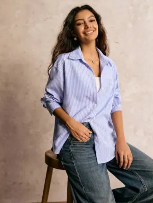 Women's Blue Striped Oversized Long Sleeve Button Front Shirt