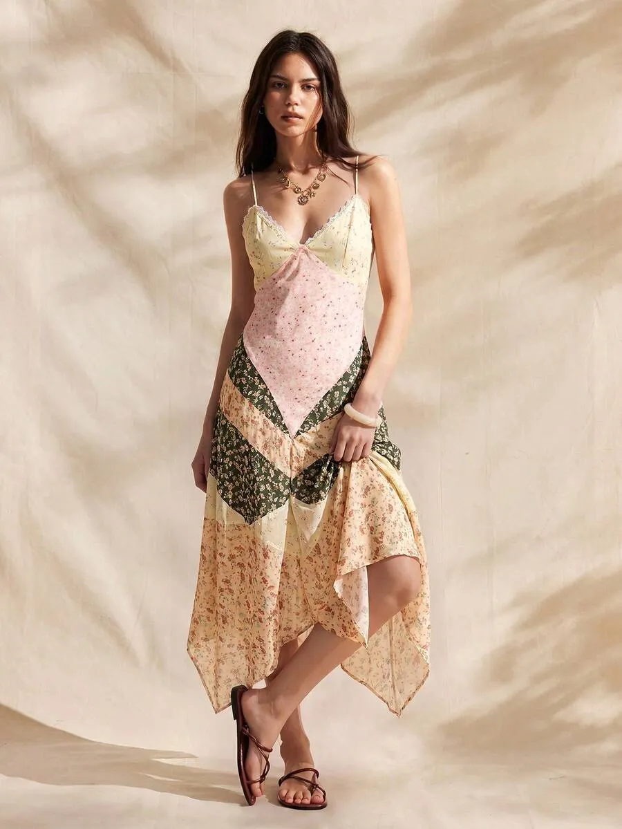 Women Boho Floral Patchwork Asymmetrical Backless Spaghetti Strap Maxi Dress