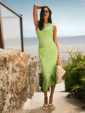 Women's Green Asymmetrical Ruffle Hem Sleeveless Maxi Dress