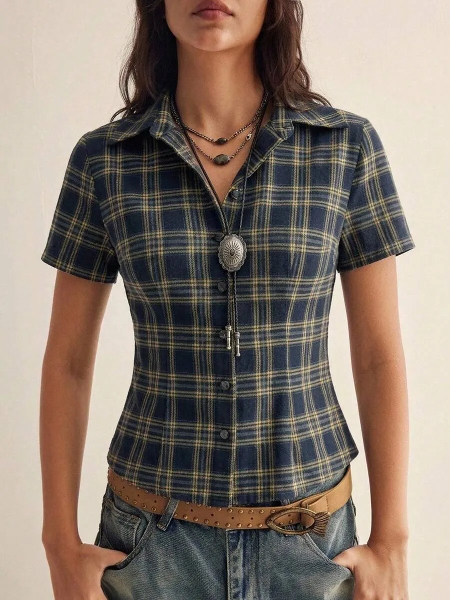 Women Navy Blue Plaid Short Sleeve Button Front Woven Shirt