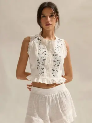 Women's White Embroidered Button Front Sleeveless Cropped Blouse